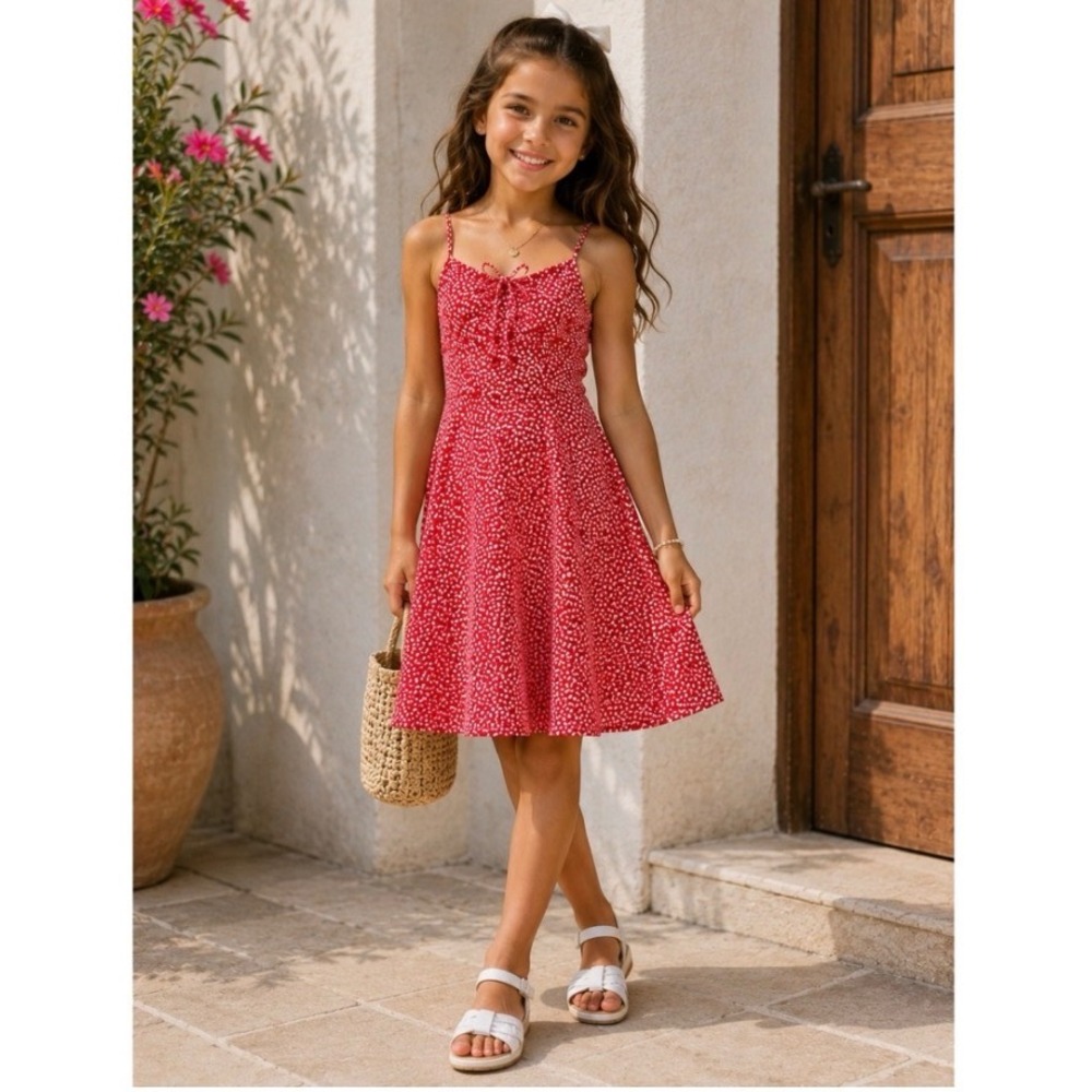 Zara Kids Girls Red Ditsy Floral Spaghetti Strap Sun Dress Size 11-12 152cm